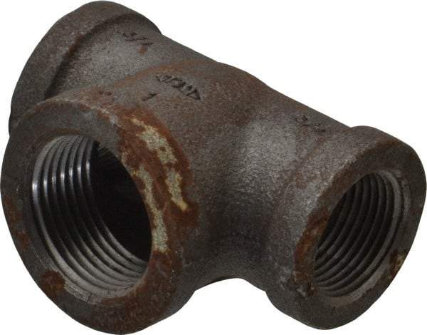 Made in USA - Size 3/4 x 3/4 x 1", Class 150, Malleable Iron Black Pipe Reducing Tee - 150 psi, Threaded End Connection - Americas Industrial Supply