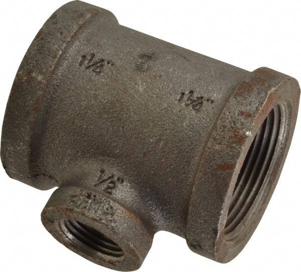 Made in USA - Size 1-1/4 x 1-1/4 x 1/2", Class 150, Malleable Iron Black Pipe Reducing Tee - 150 psi, Threaded End Connection - Americas Industrial Supply
