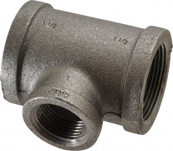 Made in USA - Size 1-1/2 x 1-1/2 x 1", Class 150, Malleable Iron Black Pipe Reducing Tee - 150 psi, Threaded End Connection - Americas Industrial Supply