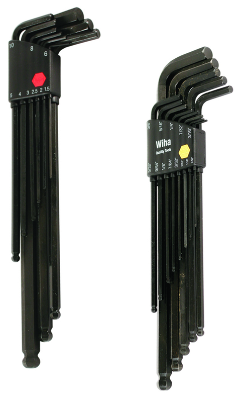 22 Piece - .050 - 3/8" & Metric 1.5 - 10.0mm - Black Finish - Ball End Hex L-Key Long Arm Inch Set - Americas Industrial Supply
