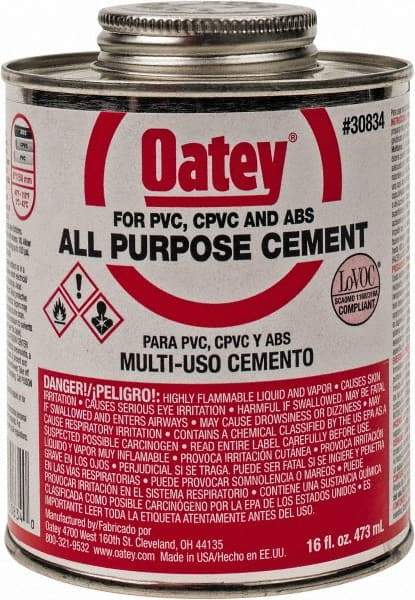 Oatey - 16 oz All-Purpose Medium Bodied Cement - Clear, Use with ABS, PVC & CPVC up to 6" Diam - Americas Industrial Supply