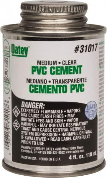 Oatey - 4 oz Medium Bodied Cement - Clear, Use with PVC up to 6" Diam - Americas Industrial Supply