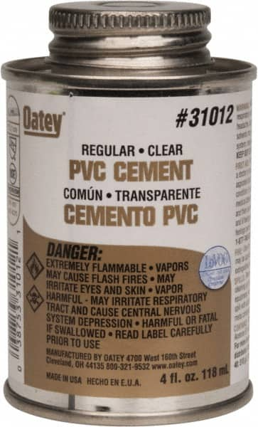 Oatey - 4 oz Regular Bodied Cement - Clear, Use with Schedule 40 PVC up to 4" Diam & Schedule 80 PVC up to 2" Diam - Americas Industrial Supply