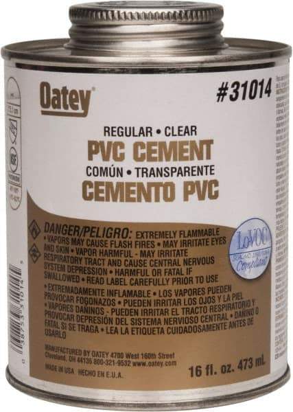 Oatey - 16 oz Regular Bodied Cement - Clear, Use with Schedule 40 PVC up to 4" Diam & Schedule 80 PVC up to 2" Diam - Americas Industrial Supply