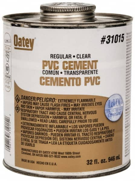 Oatey - 32 oz Regular Bodied Cement - Clear, Use with Schedule 40 PVC up to 4" Diam & Schedule 80 PVC up to 2" Diam - Americas Industrial Supply