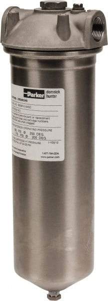 Parker - 3/4 Inch Pipe, FNPT End Connections, 10 Inch Long Cartridge, 12-3/4 Inch Long, Cartridge Filter Housing with Pressure Relief - 1 Cartridge, 5 Max GPM Flow Rate, 150 psi Max Working Pressure, 316 Grade - Americas Industrial Supply