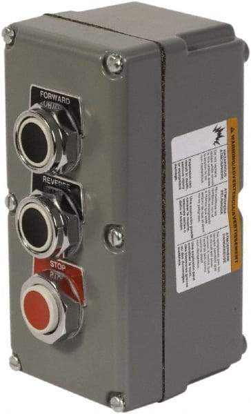 Schneider Electric - 3 Operator, Projecting Pushbutton Control Station - Forward, Reverse, Stop (Legend), Momentary Switch, 3NO/3NC Contact, NEMA 13, 3, 4 - Americas Industrial Supply