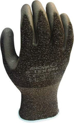 SHOWA - Size M (7), ANSI Cut Lvl 4, Puncture Lvl 3, Abrasion Lvl 6, Polyurethane Coated HPPE Fiber/Stainless Steel Cut Resistant Gloves - 10" Long, Palm & Fingertips Coated, High Strength Fiber/Stainless Steel Lining, Knit Wrist, Gray/Black, Paired - Americas Industrial Supply