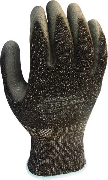 SHOWA - Size L (8), ANSI Cut Lvl 4, Puncture Lvl 3, Abrasion Lvl 6, Polyurethane Coated HPPE Fiber/Stainless Steel Cut Resistant Gloves - 10" Long, Palm & Fingertips Coated, High Strength Fiber/Stainless Steel Lining, Knit Wrist, Gray/Black, Paired - Americas Industrial Supply