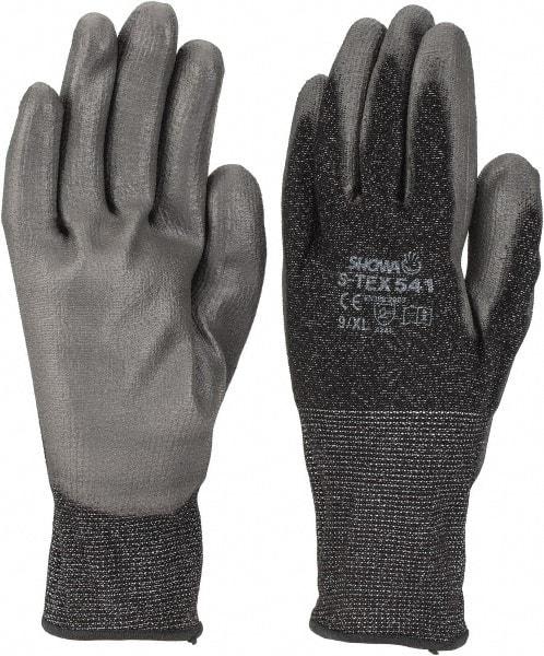 SHOWA - Size XL (9), ANSI Cut Lvl 4, Puncture Lvl 3, Abrasion Lvl 6, Polyurethane Coated HPPE Fiber/Stainless Steel Cut Resistant Gloves - 11" Long, Palm & Fingertips Coated, High Strength Fiber/Stainless Steel Lining, Knit Wrist, Gray/Black, Paired - Americas Industrial Supply