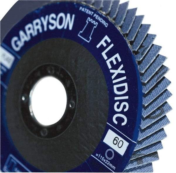 Garryson - 80 Grit, 4-1/2" Disc Diam, 7/8" Center Hole, Zirconia Alumina Flap Disc - 13,300 Max RPM, Fiberglass Backing, Arbor Attaching System, Coated - Americas Industrial Supply