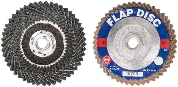 Garryson - 36 Grit, 4-1/2" Disc Diam, 5/8-11 Center Hole, Zirconia Alumina Flap Disc - 13,300 Max RPM, Fiberglass Backing, Arbor Attaching System, Coated - Americas Industrial Supply