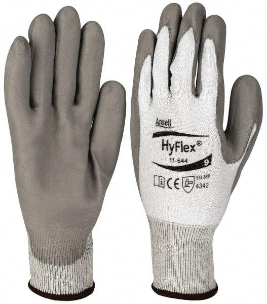 Ansell - Size L (9), ANSI Cut Lvl 2, Puncture Lvl 4, Abrasion Lvl 4, Polyurethane Coated HPPE Fiber Cut Resistant Gloves - 9" Long, Palm Coated, Knit Wrist, Gray/White, Paired - Americas Industrial Supply
