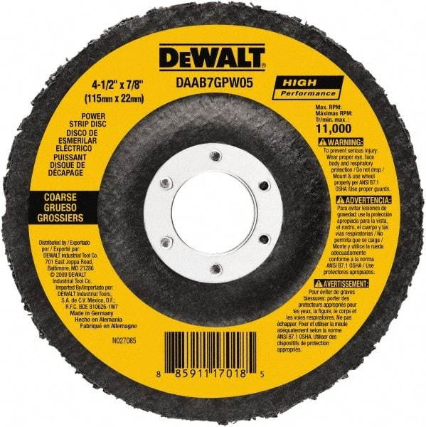 DeWALT - 100 Grit, 4-1/2" Disc Diam, 7/8" Center Hole, Type 27 Aluminum Oxide Flap Disc - 13,300 Max RPM, Fiberglass Backing, Arbor Attaching System, Non-Woven - Americas Industrial Supply