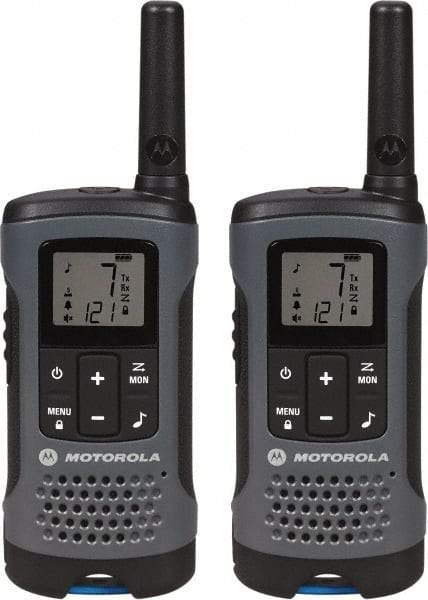 Motorola - 16 Mile Range, 22 Channel, 0.5 & 1.5 Watt, Series Talkabout, Recreational Two Way Radio - FRS/GMRS Band, 462.55 to 467.7125 Hz, AA & NiMH Battery, 12 NiMH & 29 AA hr Life, 9.45" High x 8.66" Wide x 2.44" Deep, Low Battery Alerts - Americas Industrial Supply