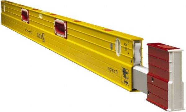 Stabila - Magnetic 84 to 144" Long 3 Vial Expandable Level - Aluminum, Yellow, 2 Plumb & 1 Level Vials - Americas Industrial Supply