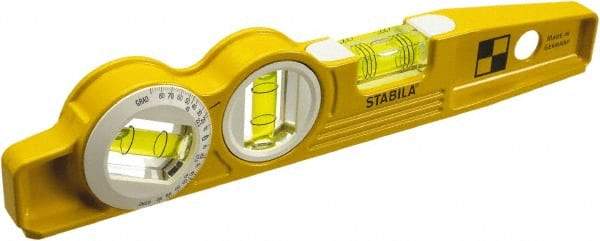 Stabila - Magnetic 10" Long 3 Vial Torpedo Level - Die Cast, Yellow, 1 Plumb, 1 Level & 1 45° Vials - Americas Industrial Supply