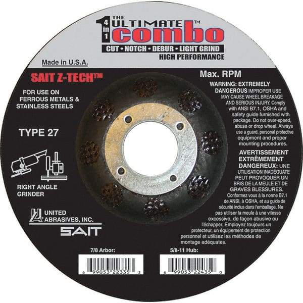 Sait - 4-1/2" Wheel Diam, 7/8" Arbor Hole, Type 27 Depressed Center Wheel - Extra Coarse Grade, Zirconia Alumina, S Hardness, 13,300 Max RPM - Americas Industrial Supply