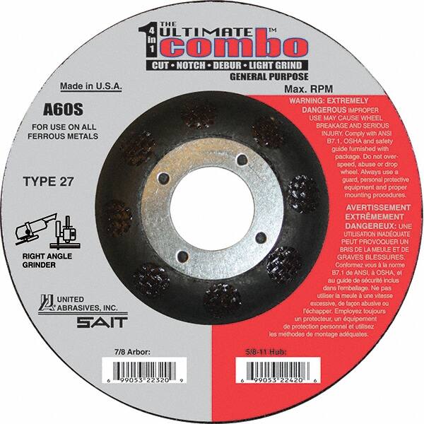 Sait - 60 Grit, 4-1/2" Wheel Diam, 7/8" Arbor Hole, Type 27 Depressed Center Wheel - Extra Coarse Grade, Aluminum Oxide, S Hardness, 13,300 Max RPM - Americas Industrial Supply