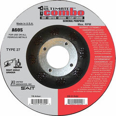 Sait - 60 Grit, 4-1/2" Wheel Diam, 7/8" Arbor Hole, Type 27 Depressed Center Wheel - Extra Coarse Grade, Aluminum Oxide, S Hardness, 13,300 Max RPM - Americas Industrial Supply