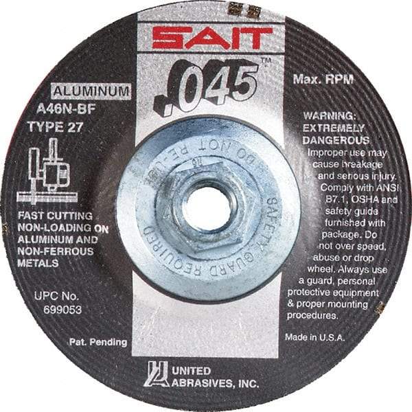 Sait - 46 Grit, 4-1/2" Wheel Diam, Type 27 Depressed Center Wheel - Extra Coarse Grade, Aluminum Oxide, N Hardness, 13,300 Max RPM - Americas Industrial Supply