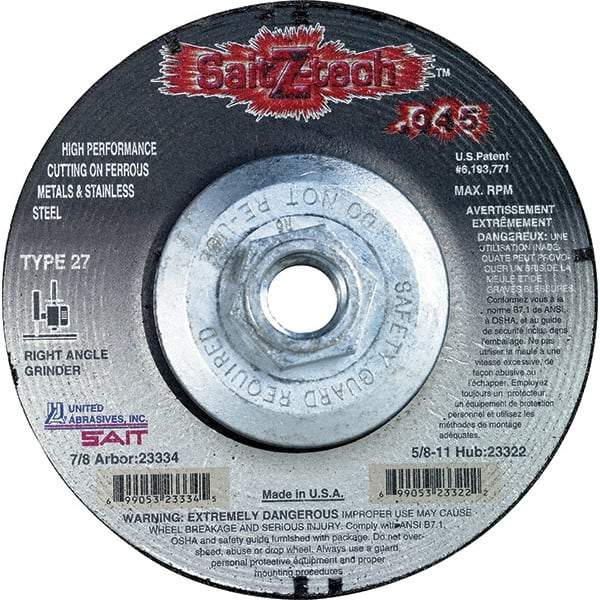 Sait - 4-1/2" Wheel Diam, Type 27 Depressed Center Wheel - Extra Coarse Grade, Zirconia Alumina, S Hardness, 13,300 Max RPM - Americas Industrial Supply