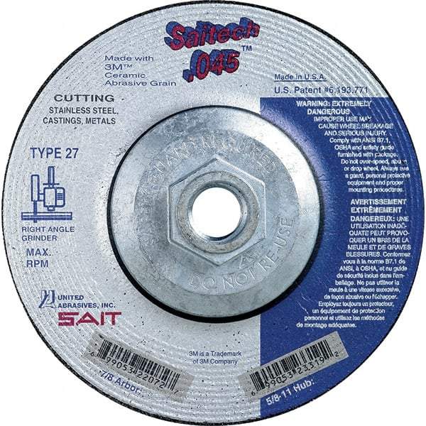 Sait - 5" Wheel Diam, Type 27 Depressed Center Wheel - Extra Coarse Grade, Ceramic, S Hardness, 12,200 Max RPM - Americas Industrial Supply