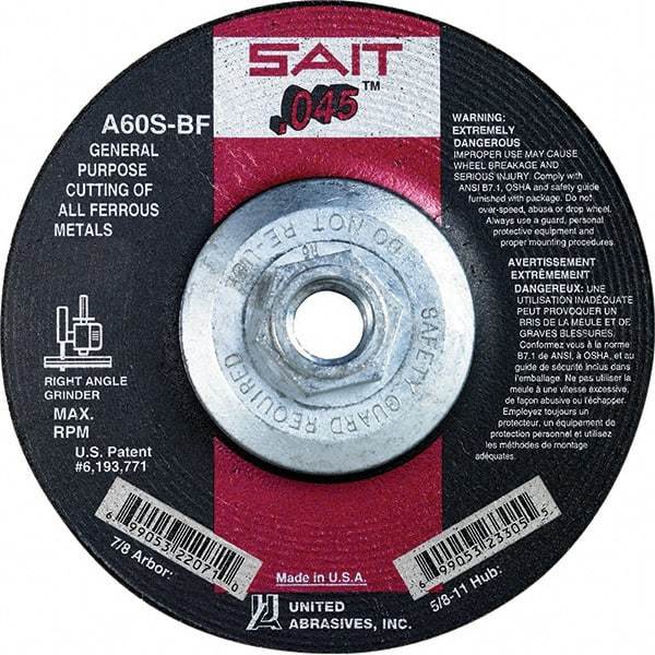 Sait - 60 Grit, 4-1/2" Wheel Diam, Type 27 Depressed Center Wheel - Extra Coarse Grade, Aluminum Oxide, S Hardness, 13,300 Max RPM - Americas Industrial Supply