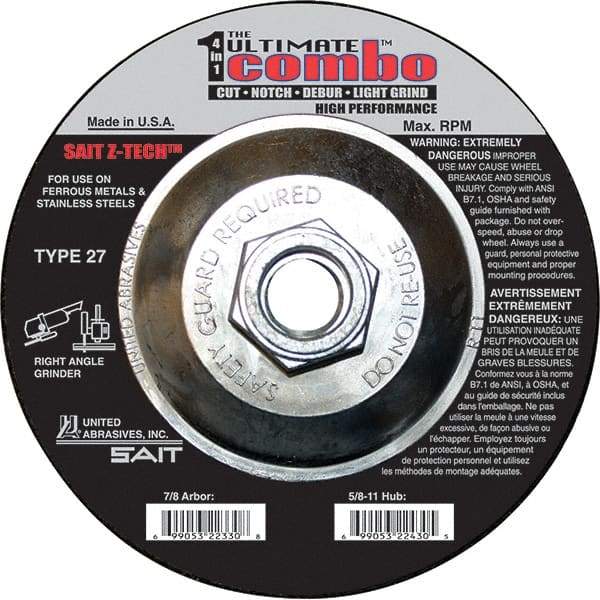 Sait - 4-1/2" Wheel Diam, Type 27 Depressed Center Wheel - Extra Coarse Grade, Zirconia Alumina, S Hardness, 13,300 Max RPM - Americas Industrial Supply