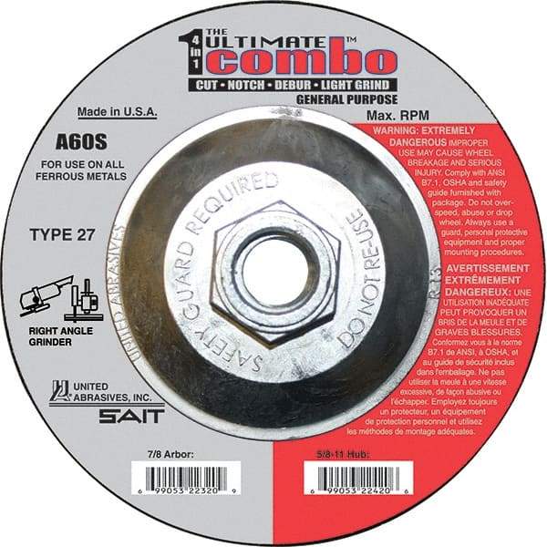 Sait - 60 Grit, 4-1/2" Wheel Diam, Type 27 Depressed Center Wheel - Extra Coarse Grade, Aluminum Oxide, S Hardness, 13,300 Max RPM - Americas Industrial Supply