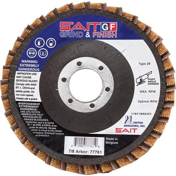 Sait - 40 Grit, 4-1/2" Disc Diam, 7/8" Center Hole, Type 29 Ceramic Flap Disc - 13,300 Max RPM, Fiberglass Backing, Arbor Attaching System, Coated & Non-Woven Combo - Americas Industrial Supply
