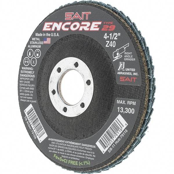 Sait - 40 Grit, 4-1/2" Disc Diam, 7/8" Center Hole, Type 29 Zirconia Alumina Flap Disc - 13,300 Max RPM, Fiberglass Backing, Arbor Attaching System, Coated - Americas Industrial Supply