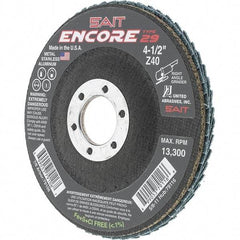 Sait - 40 Grit, 4-1/2" Disc Diam, 7/8" Center Hole, Type 29 Zirconia Alumina Flap Disc - 13,300 Max RPM, Fiberglass Backing, Arbor Attaching System, Coated - Americas Industrial Supply