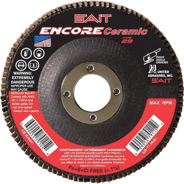 Sait - 36 Grit, 5" Disc Diam, 7/8" Center Hole, Type 27 Ceramic Flap Disc - 12,200 Max RPM, Fiberglass Backing, Arbor Attaching System, Coated - Americas Industrial Supply