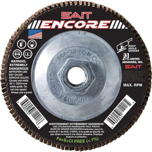 Sait - 80 Grit, 5" Disc Diam, 5/8-11 Center Hole, Type 27 Zirconia Alumina Flap Disc - 12,200 Max RPM, Fiberglass Backing, Arbor Attaching System, Coated - Americas Industrial Supply
