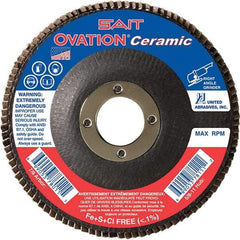 Sait - 40 Grit, 4-1/2" Disc Diam, 7/8" Center Hole, Type 27 Ceramic Flap Disc - 13,300 Max RPM, Fiberglass Backing, Arbor Attaching System, Coated - Americas Industrial Supply