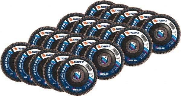 Weiler - 426 Grit, 4-1/2" Disc Diam, 5/8-11 Center Hole, Type 29 Zirconia Alumina Flap Disc - 13,000 Max RPM, Phenolic Backing, Arbor Attaching System, Coated - Americas Industrial Supply