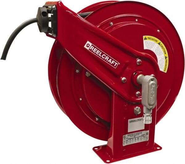 Reelcraft - 12 AWG, 100' Cable Length, Cord & Cable Reel with Flying Lead End - 0 Outlets, 16 Amps, 600 Volts, SEOOW Cable, Red Reel, Spring Driven Reel - Americas Industrial Supply