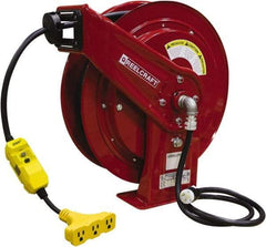 Reelcraft - 12 AWG, 75' Cable Length, Cord & Cable Reel with Triple-Tap with GFCI End - 3 Outlets, NEMA 5-15R, 15 Amps, 125 Volts, SEOOW Cable, Red Reel, Spring Driven Reel - Americas Industrial Supply