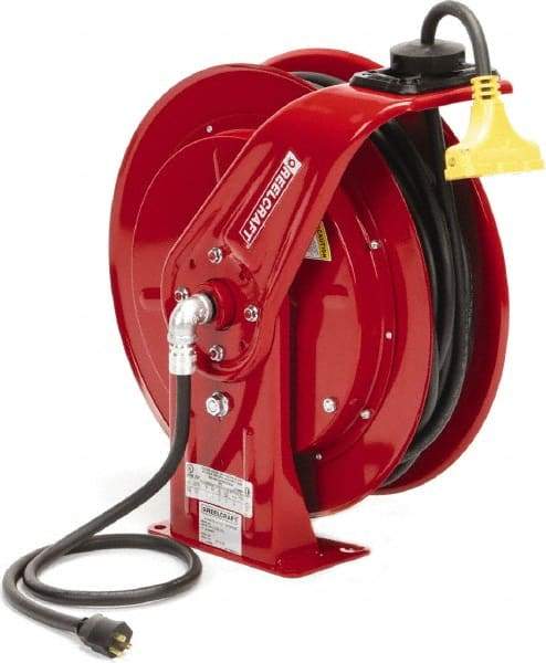 Reelcraft - 12 AWG, 100' Cable Length, Cord & Cable Reel with Triple-Tap Outlet End - 3 Outlets, NEMA 5-15R, 15 Amps, 125 Volts, SEOOW Cable, Red Reel, Spring Driven Reel - Americas Industrial Supply