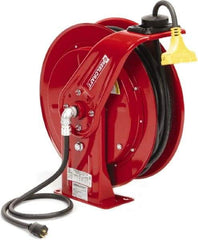 Reelcraft - 12 AWG, 100' Cable Length, Cord & Cable Reel with Triple-Tap Outlet End - 3 Outlets, NEMA 5-15R, 15 Amps, 125 Volts, SEOOW Cable, Red Reel, Spring Driven Reel - Americas Industrial Supply