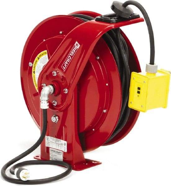 Reelcraft - 12 AWG, 100' Cable Length, Cord & Cable Reel with Duplex GFCI Outlet Box End - 2 Outlets, NEMA 5-20R, 20 Amps, 125 Volts, SEOOW Cable, Red Reel, Spring Driven Reel - Americas Industrial Supply