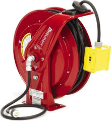 Reelcraft - 12 AWG, 100' Cable Length, Cord & Cable Reel with Duplex GFCI Outlet Box End - 2 Outlets, NEMA 5-15R, 15 Amps, 125 Volts, SEOOW Cable, Red Reel, Spring Driven Reel - Americas Industrial Supply