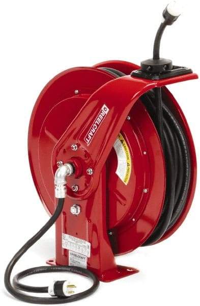 Reelcraft - 12 AWG, 100' Cable Length, Cord & Cable Reel with Outlet End - 1 Outlet, NEMA 5-20R, 20 Amps, 125 Volts, SEOOW Cable, Red Reel, Spring Driven Reel - Americas Industrial Supply