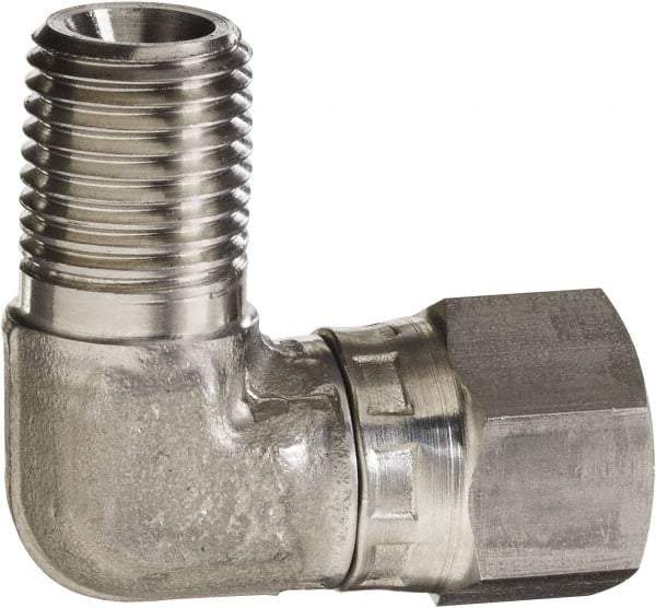 Made in USA - 1/2 x 3/8" Grade 316 Stainless Steel Pipe 90° Elbow - MNPT x NPSM Swivel End Connections, 3,500 psi - Americas Industrial Supply