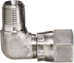 Made in USA - 1/4" Tube OD, 37° Stainless Steel Flared Tube Male Elbow - 7/16-20 NPT, Female Flare x MNPT Ends - Americas Industrial Supply