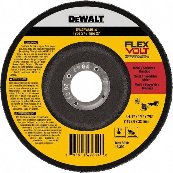 DeWALT - 4-1/2" Wheel Diam, 1/4" Wheel Thickness, 7/8" Arbor Hole, Type 27 Depressed Center Wheel - Fine/Coarse Grade, Ceramic, 13,300 Max RPM - Americas Industrial Supply