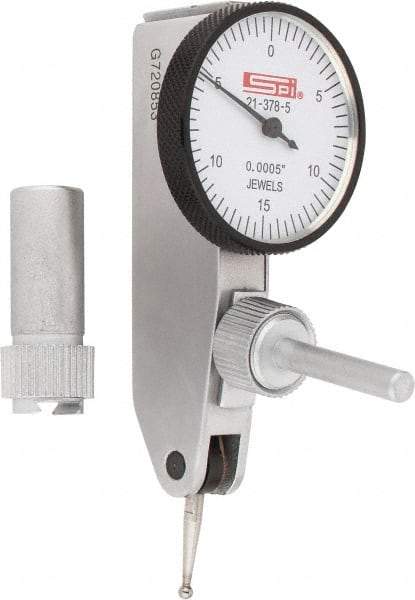 SPI - 0.03" Range, 0.0005" Dial Graduation, Horizontal Dial Test Indicator - 1-1/4" White Dial, 0-15-0 Dial Reading, Accurate to 0.0005" - Americas Industrial Supply