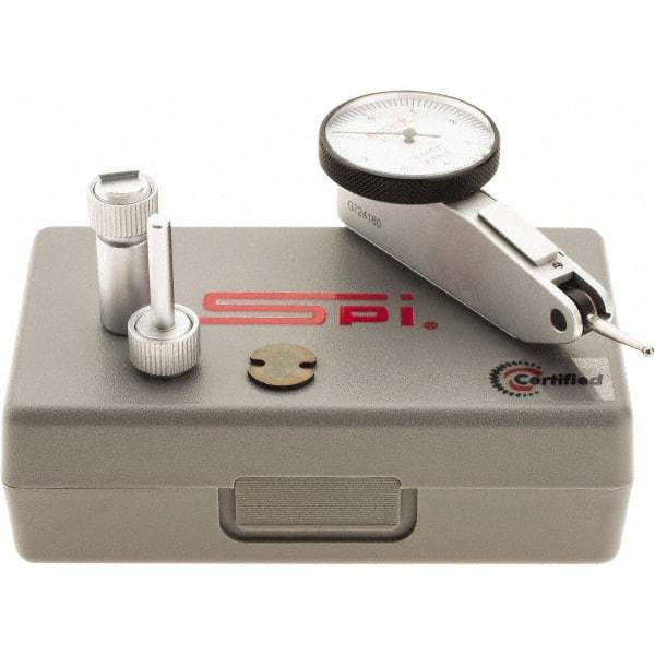 SPI - 0.008" Range, 0.0001" Dial Graduation, Horizontal Dial Test Indicator - 1-1/4" White Dial, 0-4-0 Dial Reading, Accurate to 0.0001" - Americas Industrial Supply