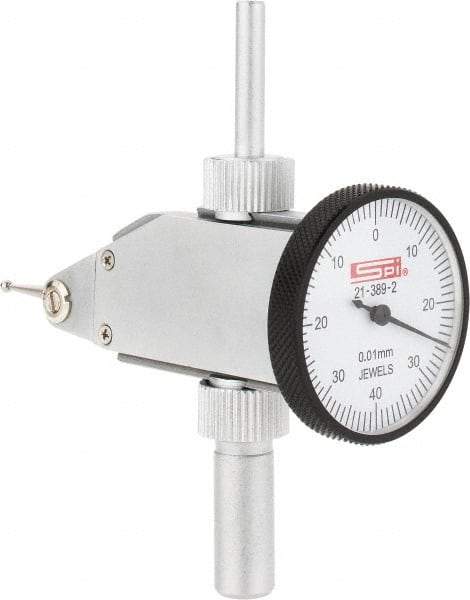 SPI - 0.8mm Range, 0.01mm Dial Graduation, Vertical Dial Test Indicator - 32mm White Dial, 0-40-0 Dial Reading, Accurate to 0.013mm - Americas Industrial Supply